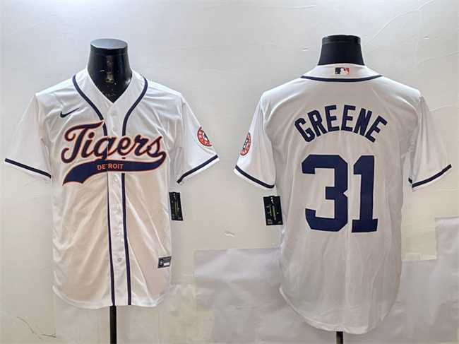 Men%27s Detroit Tigers #31 Riley Greene White With Patch Cool Base Stitched Jersey